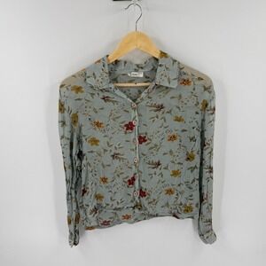 Vintage Magazine Floral Rayon Button Front Collared Crop Blouse Green Size L